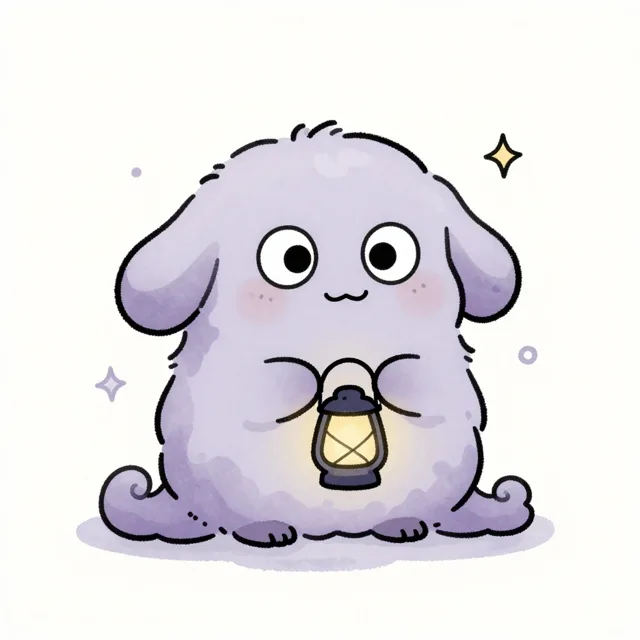 Boggy, een lila mistwezentje met flaporen en een lantaarntje