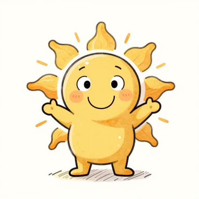 Zon, een mollig zonnetje met de armen wijd open